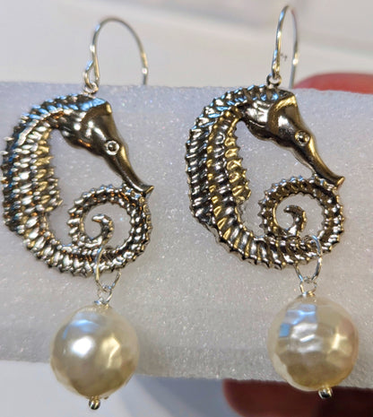 Sea Horses Vintage Silver + Pearl Earrings USA made Gay Isber Free shipping 3 inches New Old Stock