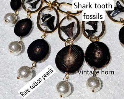 One-of-a-Kind Shark Tooth Fossil and Vintage Horn Necklace with Rare 1950s Cotton Pearls - Designed by Award-Winning Artist Sugar Gay Isber