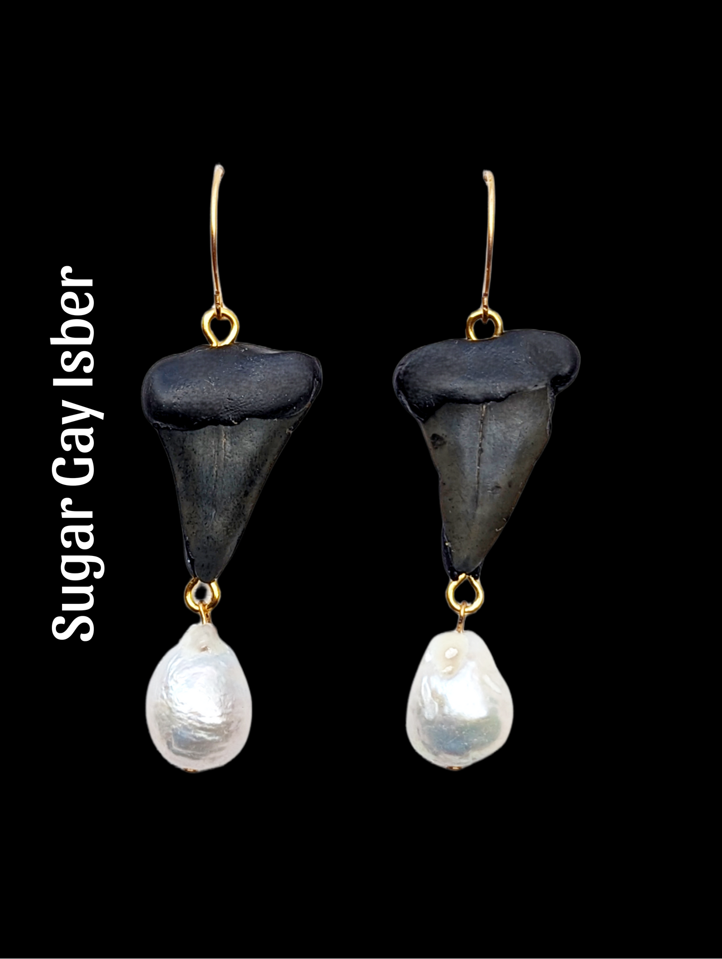 Unique Handmade Fossilized Shark Teeth and Baroque Pearl Earrings - Designed by Award-Winning Artist Sugar Gay Isber