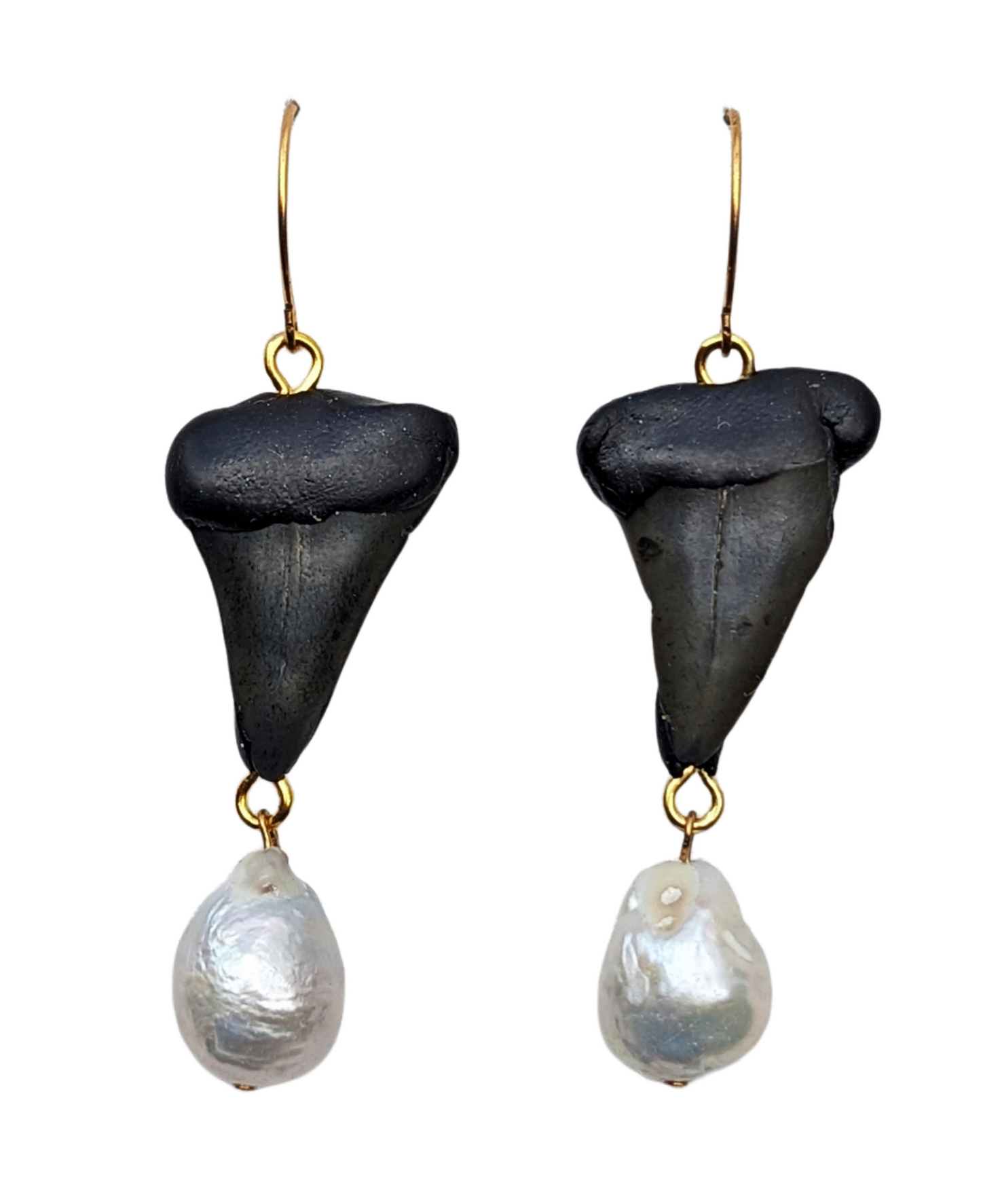 Unique Handmade Fossilized Shark Teeth and Baroque Pearl Earrings - Designed by Award-Winning Artist Sugar Gay Isber