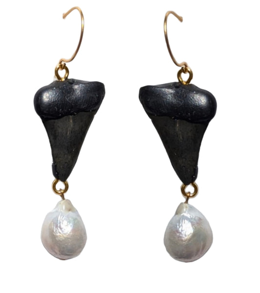 Unique Handmade Fossilized Shark Teeth and Baroque Pearl Earrings - Designed by Award-Winning Artist Sugar Gay Isber