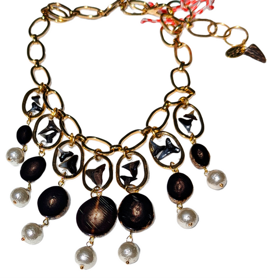 One-of-a-Kind Shark Tooth Fossil and Vintage Horn Necklace with Rare 1950s Cotton Pearls - Designed by Award-Winning Artist Sugar Gay Isber