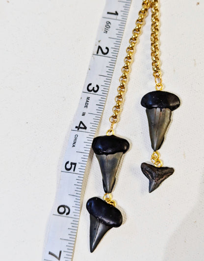 Black Shark Tooth Fossil Lariat Style Gold Necklace Beach Wedding Ocean Dentist Statement Sugar Gay Isber