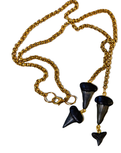 Black Shark Tooth Fossil Lariat Style Gold Necklace Beach Wedding Ocean Dentist Statement Sugar Gay Isber