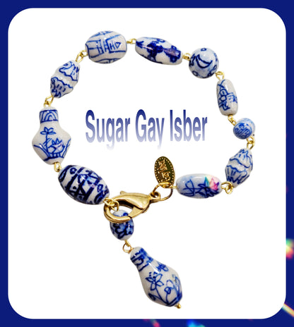 Handlinked Blue and White Porcelain Bead Bracelet - Classic and Timeless Design by Award-Winning Artist Sugar Gay Isber