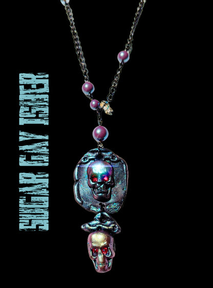 Spooky Skull Necklace Handmade Halloween Jewelry by Sugar Gay Isber – One-of-a-Kind, Ready to Ship! 22 inch black chain Unisex