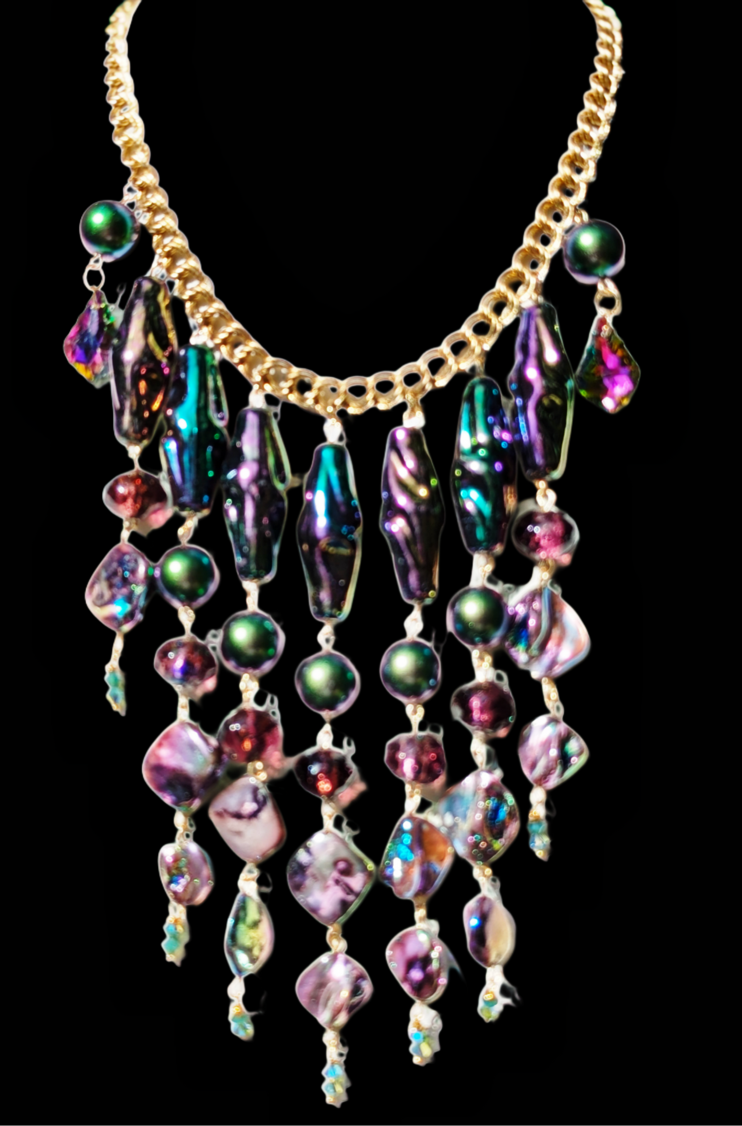 Unique Vintage-Inspired Bib Purple Green Necklace with 1970s Austrian AB Acrylic Beads and Swarovski Crystals - One-of-a-Kind Design by Sugar Gay Isber