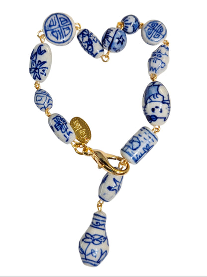 Handlinked Blue and White Porcelain Bead Bracelet - Classic and Timeless Design by Award-Winning Artist Sugar Gay Isber