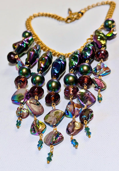 Unique Vintage-Inspired Bib Purple Green Necklace with 1970s Austrian AB Acrylic Beads and Swarovski Crystals - One-of-a-Kind Design by Sugar Gay Isber