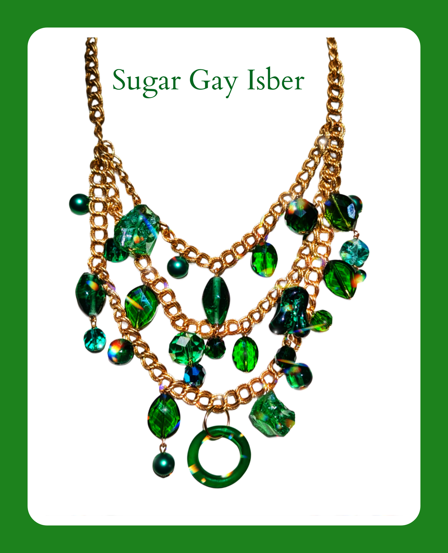 Unique Three-Tiered Green Glass Bead Necklace with Vintage Brass Chain - One-of-a-Kind Designer Quality by Sugar Gay Isber