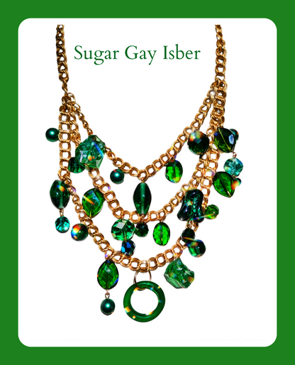 Unique Three-Tiered Green Glass Bead Necklace with Vintage Brass Chain - One-of-a-Kind Designer Quality by Sugar Gay Isber