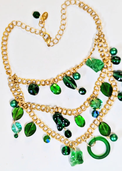 Unique Three-Tiered Green Glass Bead Necklace with Vintage Brass Chain - One-of-a-Kind Designer Quality by Sugar Gay Isber