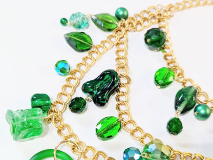 Unique Three-Tiered Green Glass Bead Necklace with Vintage Brass Chain - One-of-a-Kind Designer Quality by Sugar Gay Isber