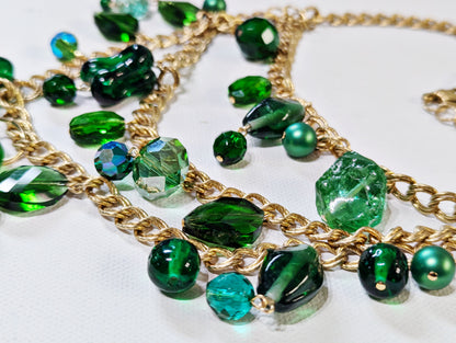 Unique Three-Tiered Green Glass Bead Necklace with Vintage Brass Chain - One-of-a-Kind Designer Quality by Sugar Gay Isber