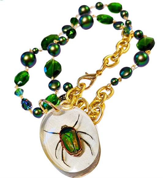 30-Inch Lucky Scarab Beetle Necklace with Swarovski Pearls and Crystals - One-of-a-Kind Handmade by Sugar Gay Isber