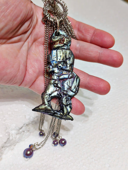 Vintage Robot Handmade Halloween Necklace Swarovski Pearls Sugar Gay Isber – One-of-a-Kind, Ready to Ship! 18-inch Multi Silver chain Unisex