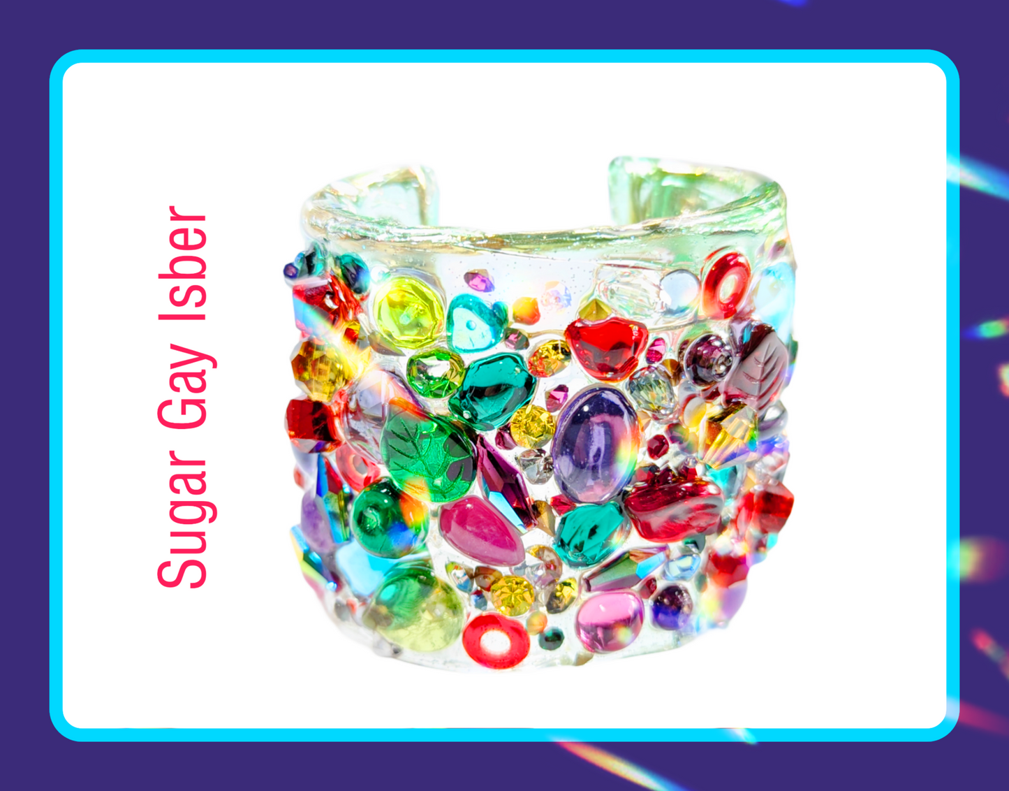 Multi Colored Confetti 2.5 inch-wide Clear Resin Cuff Bracelet Vintage Swarovski Stones Handmade Sustainable USA Sugar Gay Isber Holiday