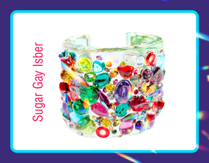 Multi Colored Confetti 2.5 inch-wide Clear Resin Cuff Bracelet Vintage Swarovski Stones Handmade Sustainable USA Sugar Gay Isber Holiday