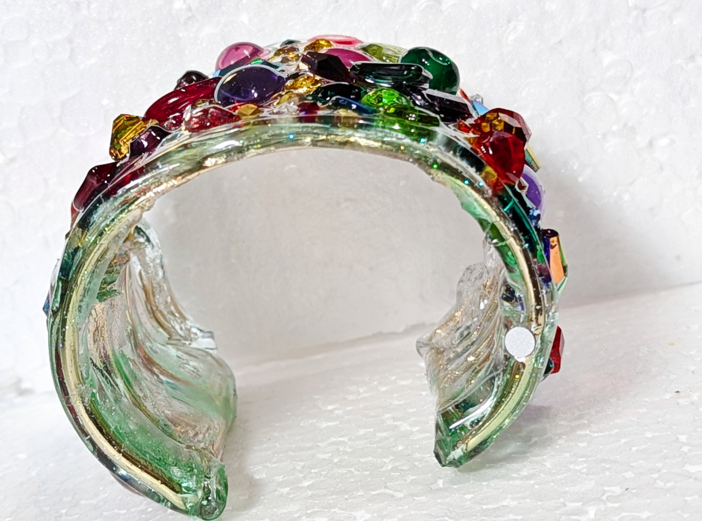 Multi Colored Confetti 2.5 inch-wide Clear Resin Cuff Bracelet Vintage Swarovski Stones Handmade Sustainable USA Sugar Gay Isber Holiday