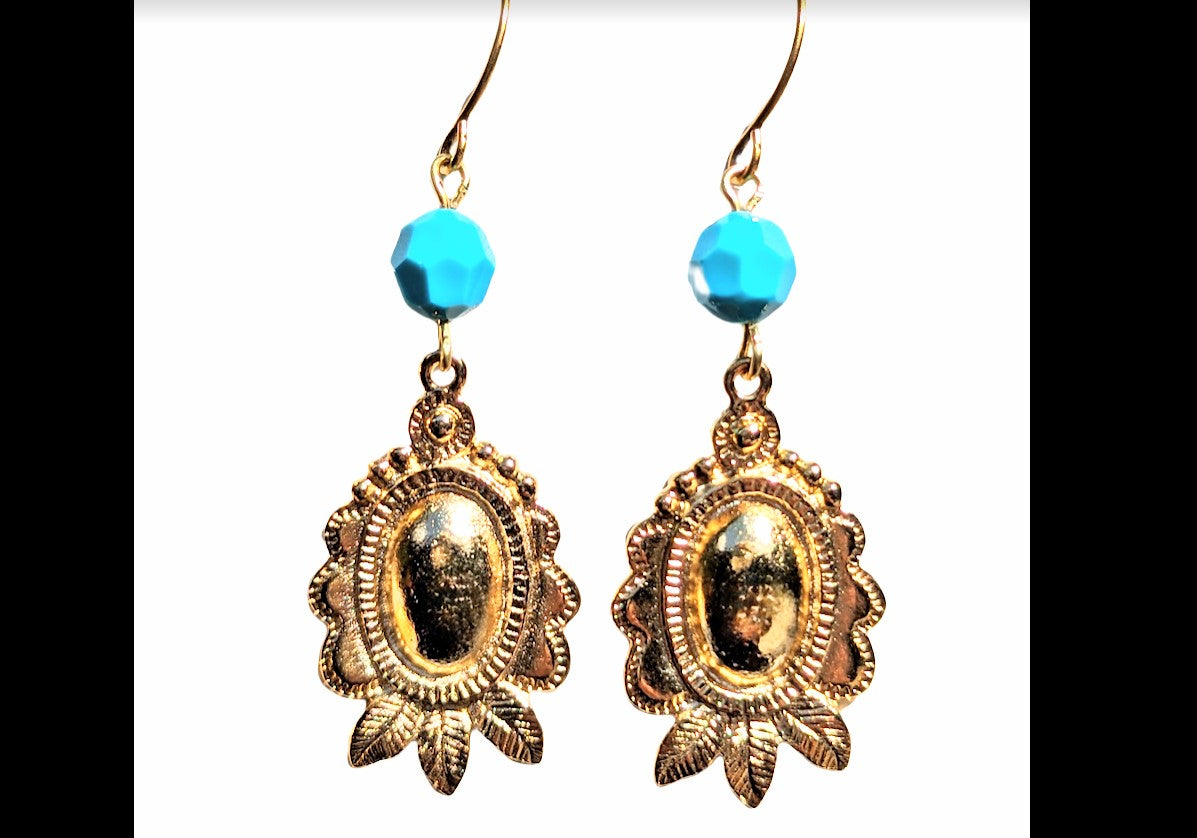 Gold Plated Earrings Swarovski Turquoise 2.1 inch Long USA Made by Sugar Gay Isber unisex-adult