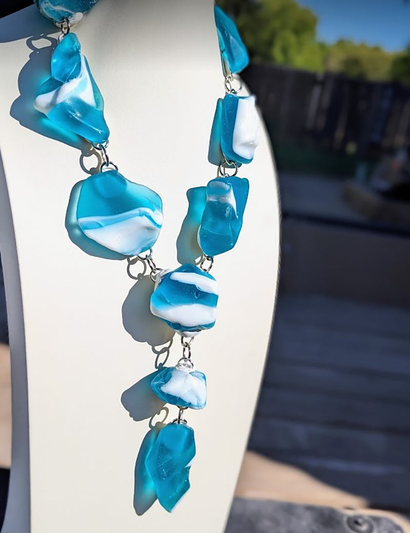 Bam Bam Matte Glass Rocks Aqua White Statement Necklace Fashion Artisan USA Sugar Gay Isber