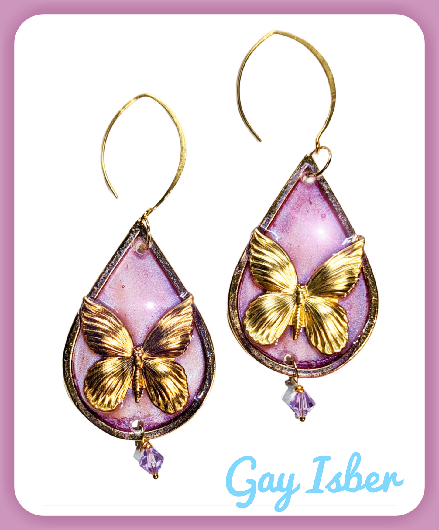 Beautiful Brass Butterfly Earrings Pink Alexandrite flash Gold Plated USA Made Gay Isber 3.5 inches