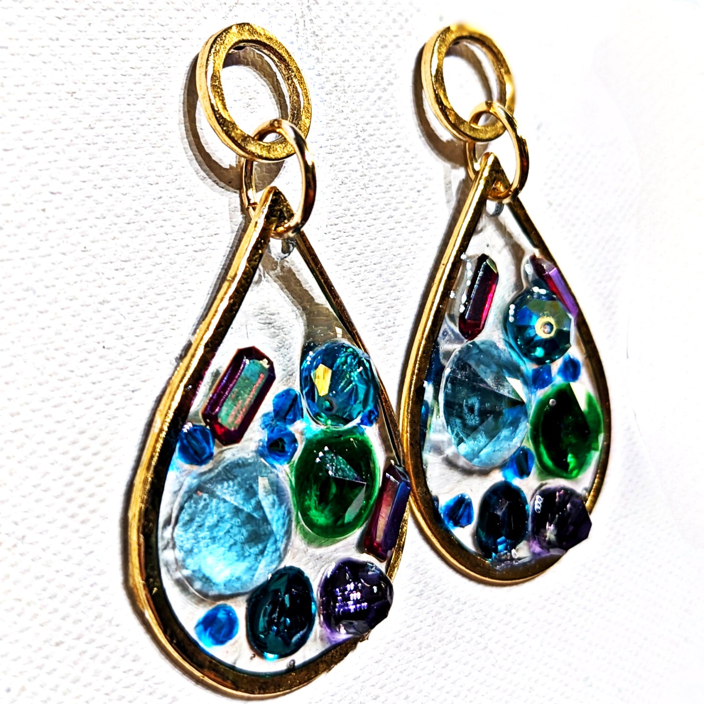 Stained Glass Inspired Blue Green Purple Colored Post Earrings Gold Plated USA Made Gay Isber 3 inches