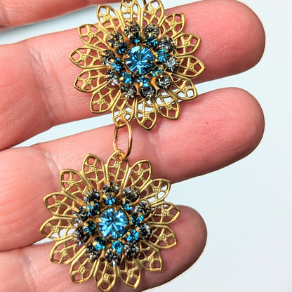 Beautiful Gold Plated Aqua Swarovski Earrings US Made Sugar Gay Isber 2.5 inches