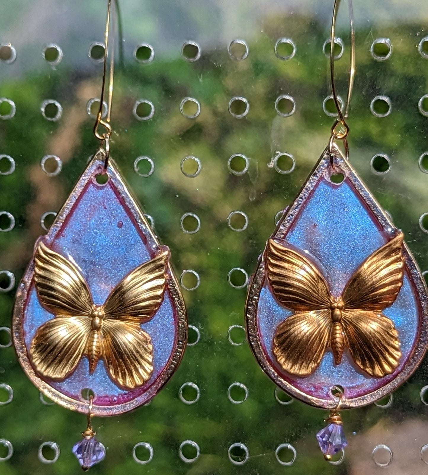 Beautiful Brass Butterfly Earrings Pink Alexandrite flash Gold Plated USA Made Gay Isber 3.5 inches