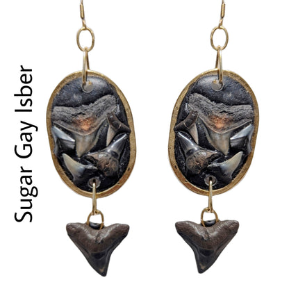 Dramatic Fossilized Shark Teeth in Clay Earrings - Unique Handmade Art by Award-Winning Artist Sugar Gay Isber