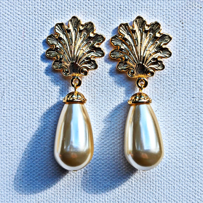 Gold Plated Shells with Vintage Japan Drop Pearls Post Earrings 2.5 inch Long USA Made by Sugar Gay Isber unisex-adult Bridal