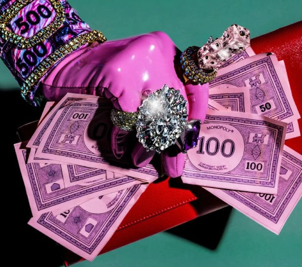 Monopoly Money Inspired WOW Sparkly Cuff Bracelet Pink Sugar Gay Isber US Made