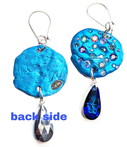 Round Blue Swarovski with Silver hooks Earrings USA made Gay Isber Free shipping 3 inches