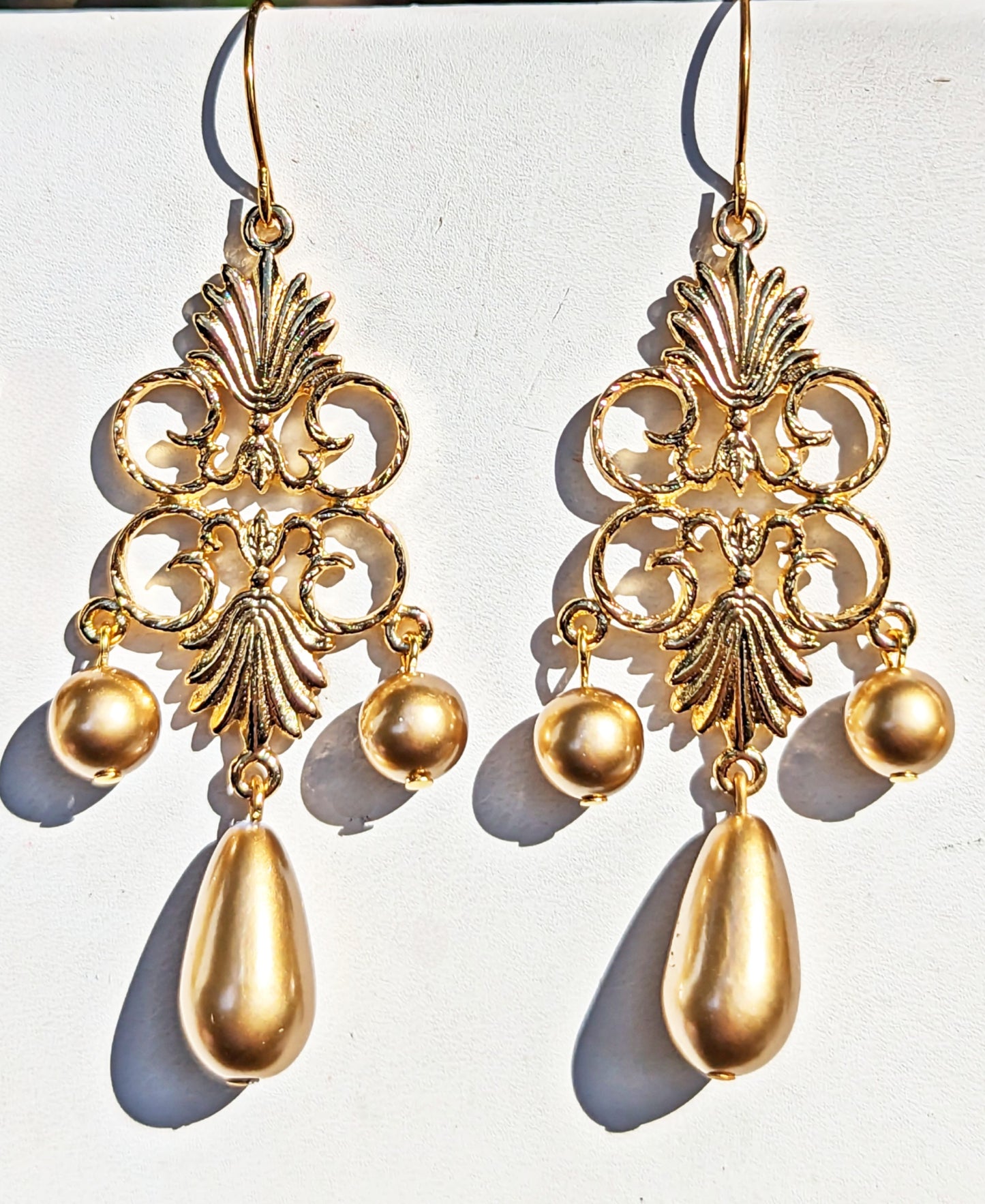 Gold Plated AMAZING Elegant Golden Vintage Pearls Drop Earrings 3-inch Long USA Made by Sugar Gay Isber unisex-adult Bridal