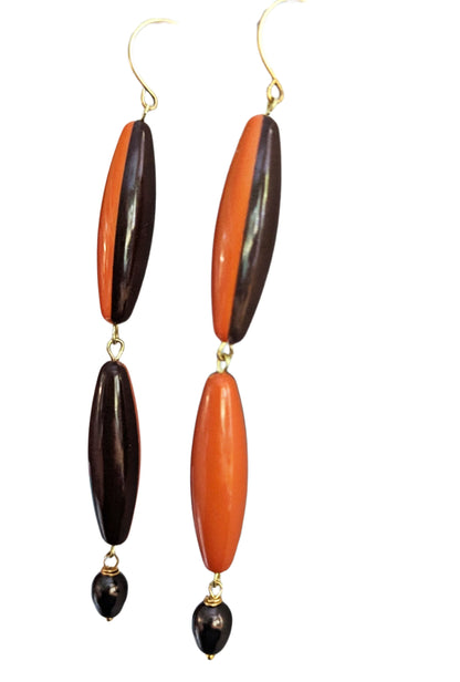 Orange Brown Vintage Plastic Long Earrings Sugar Gay Isber Cleveland Bears Pearls