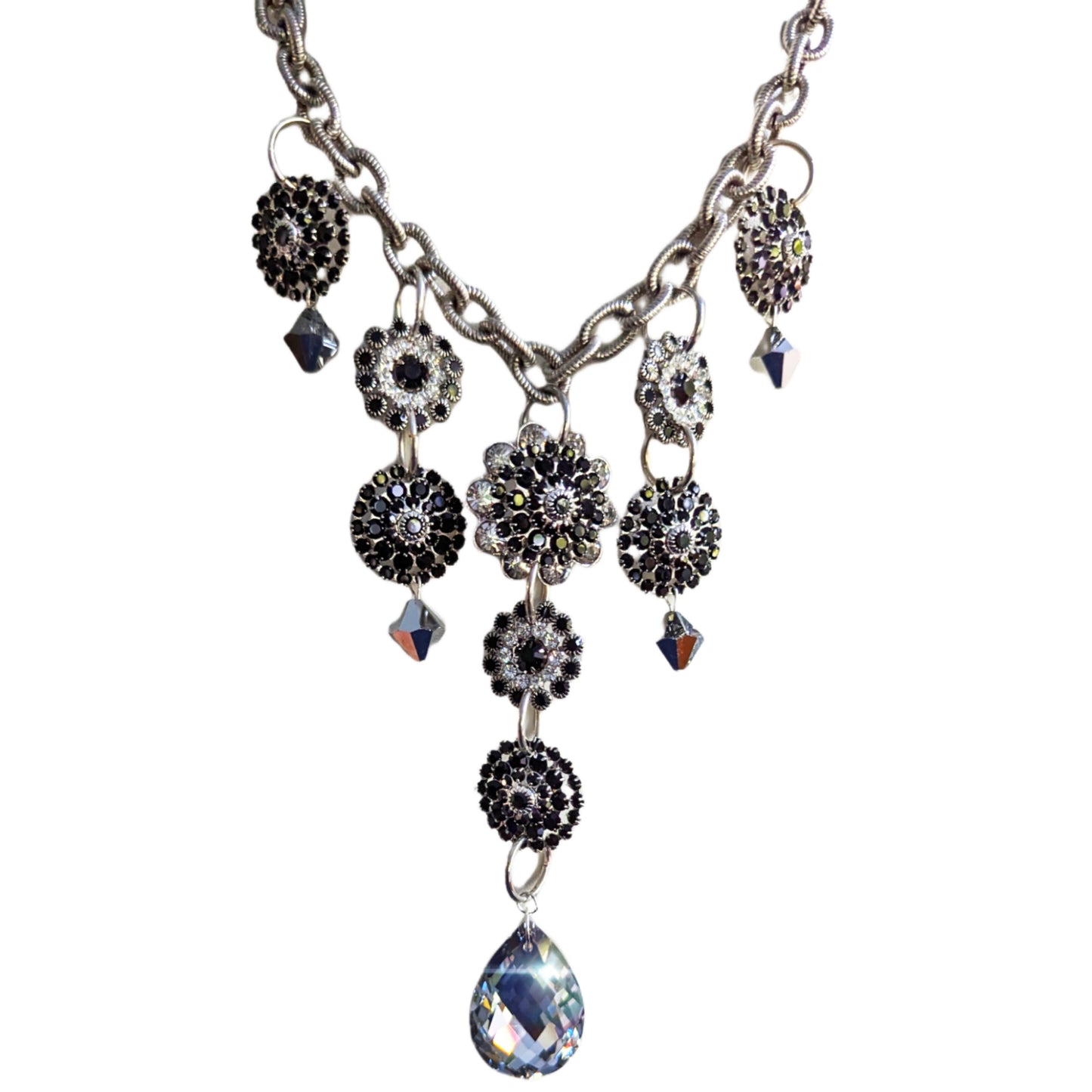 Swarovski Silver Vintage Sparkle Black Evening Bling Drop Necklace Handmade Sugar Gay Isber USA One of a kind