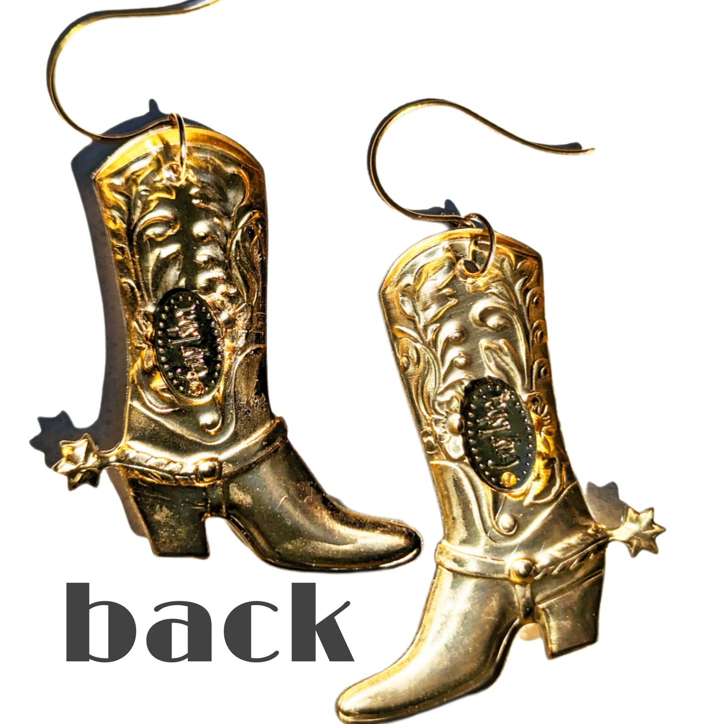 24k Gold Plated Brass Left and Right Boots with Spurs Earrings USA Sugar Gay Isber gift bag included left and right facing adult unisex gold