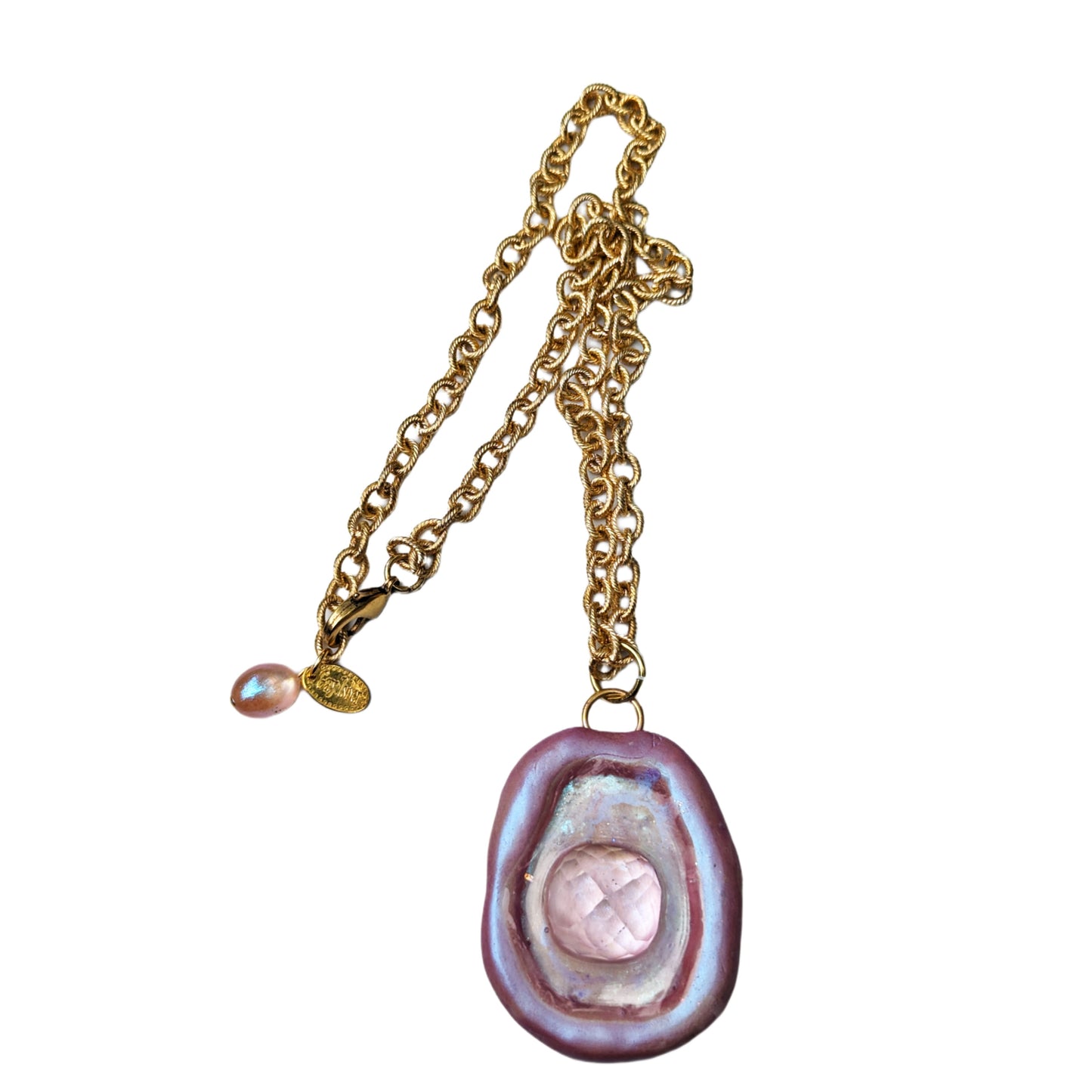 Pink Faceted Gem Soft Glowy Pink Necklace with Gold Plated AMAZING Chain Statement Sugar Gay Isber