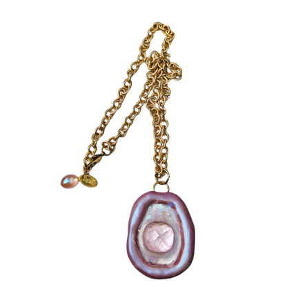 Pink Faceted Gem Soft Glowy Pink Necklace with Gold Plated AMAZING Chain Statement Sugar Gay Isber