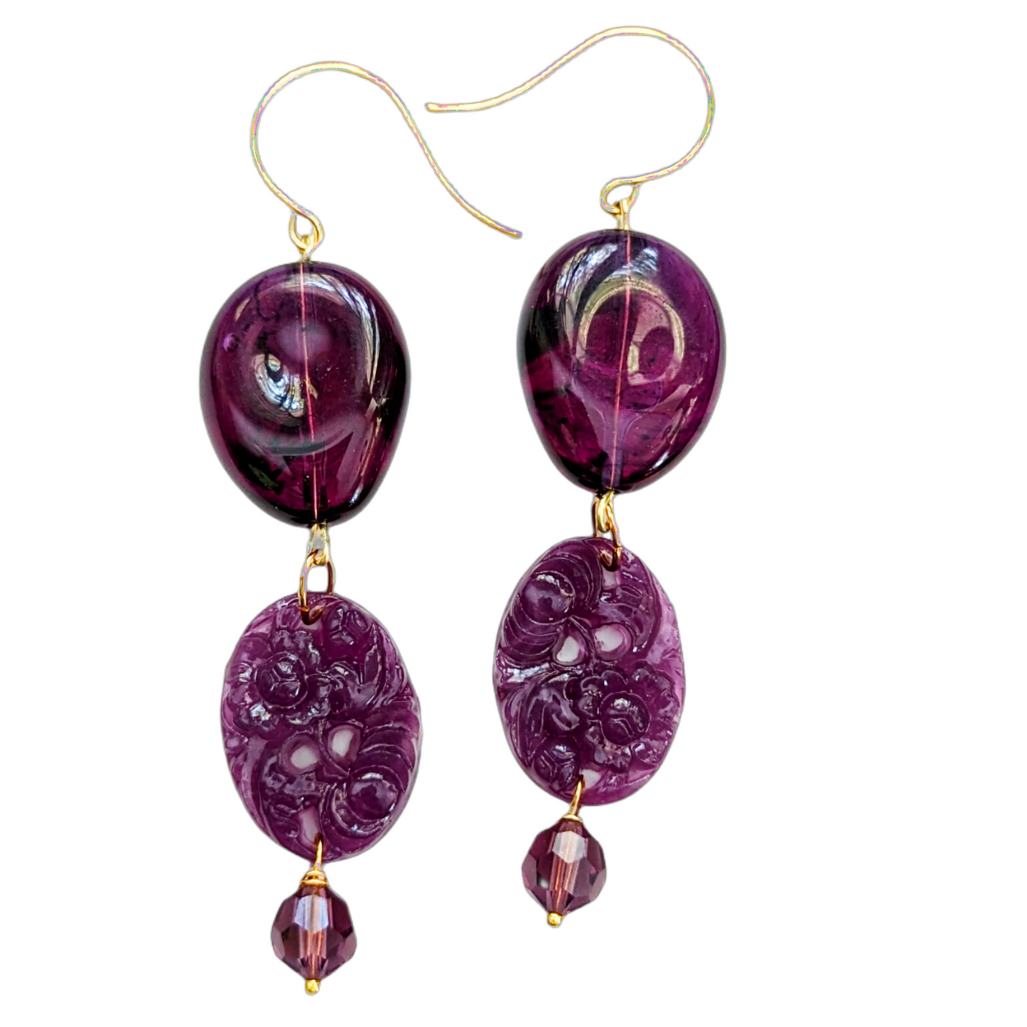 Purple Handmade Vintage Beads Swarovski Drop Earrings USA made Gay Isber Free shipping 3.5 inches