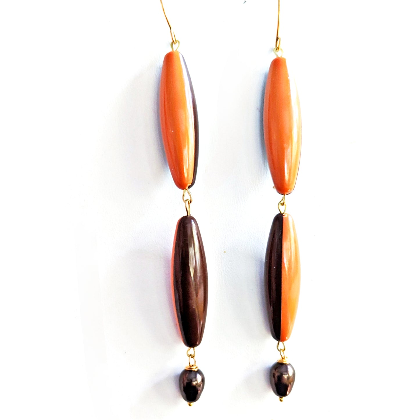 Orange Brown Vintage Plastic Long Earrings Sugar Gay Isber Cleveland Bears Pearls