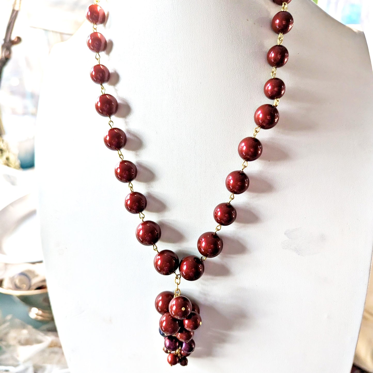 Burgundy Red Grape Cluster Swarovski Pearls Adjustable Gold Plated Chain Sugar Gay Isber Gift Box