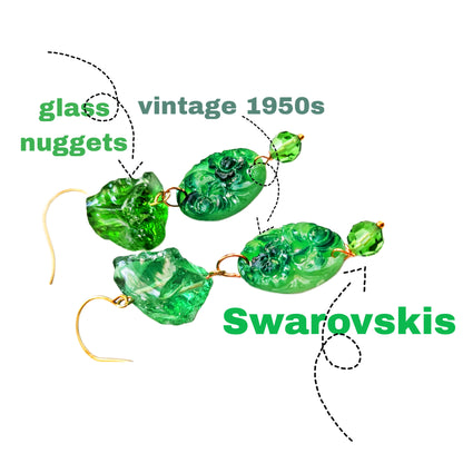 Green Handmade Vintage Beads Swarovski Drop Earrings USA made Gay Isber Free shipping 3.5 inches