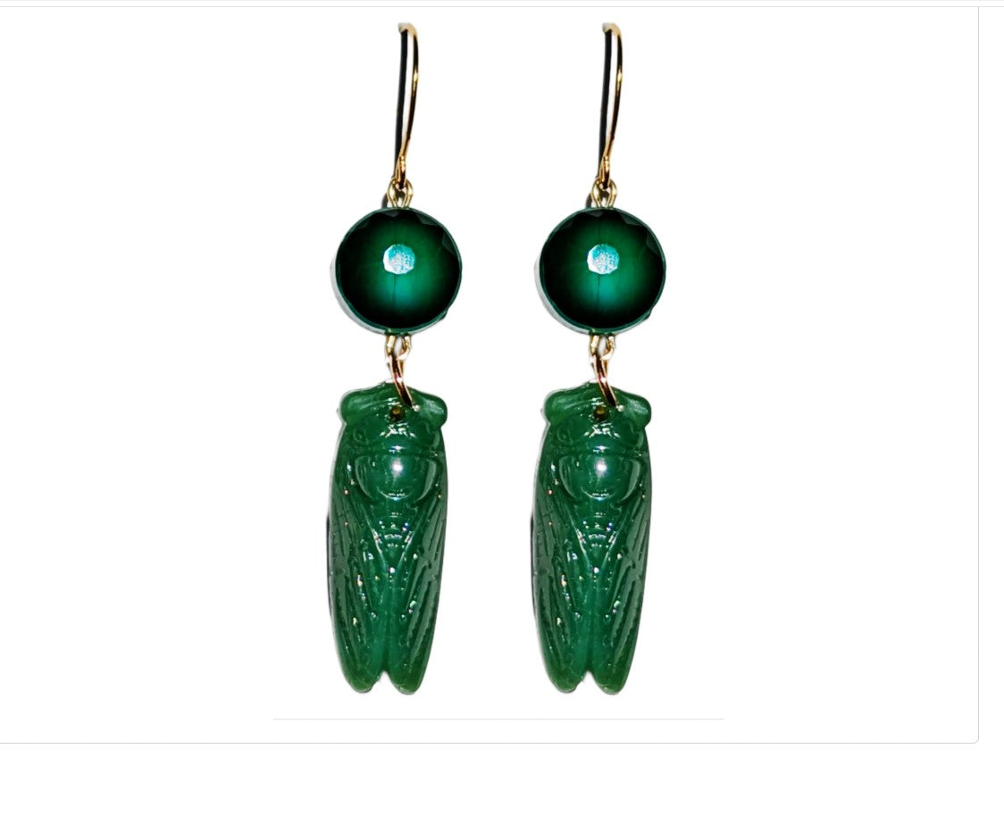 Handmade Jade-Colored Green Cicada Earrings with Gold-Plated Hooks - Designed by Award-Winning Artist Sugar Gay Isber