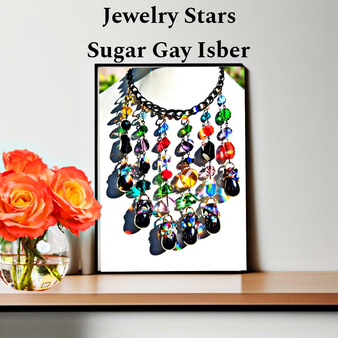 Necklace Earring Set Black Colorful Swarovski Drops on Black Adjustable Chain Handmade Sugar Gay Isber