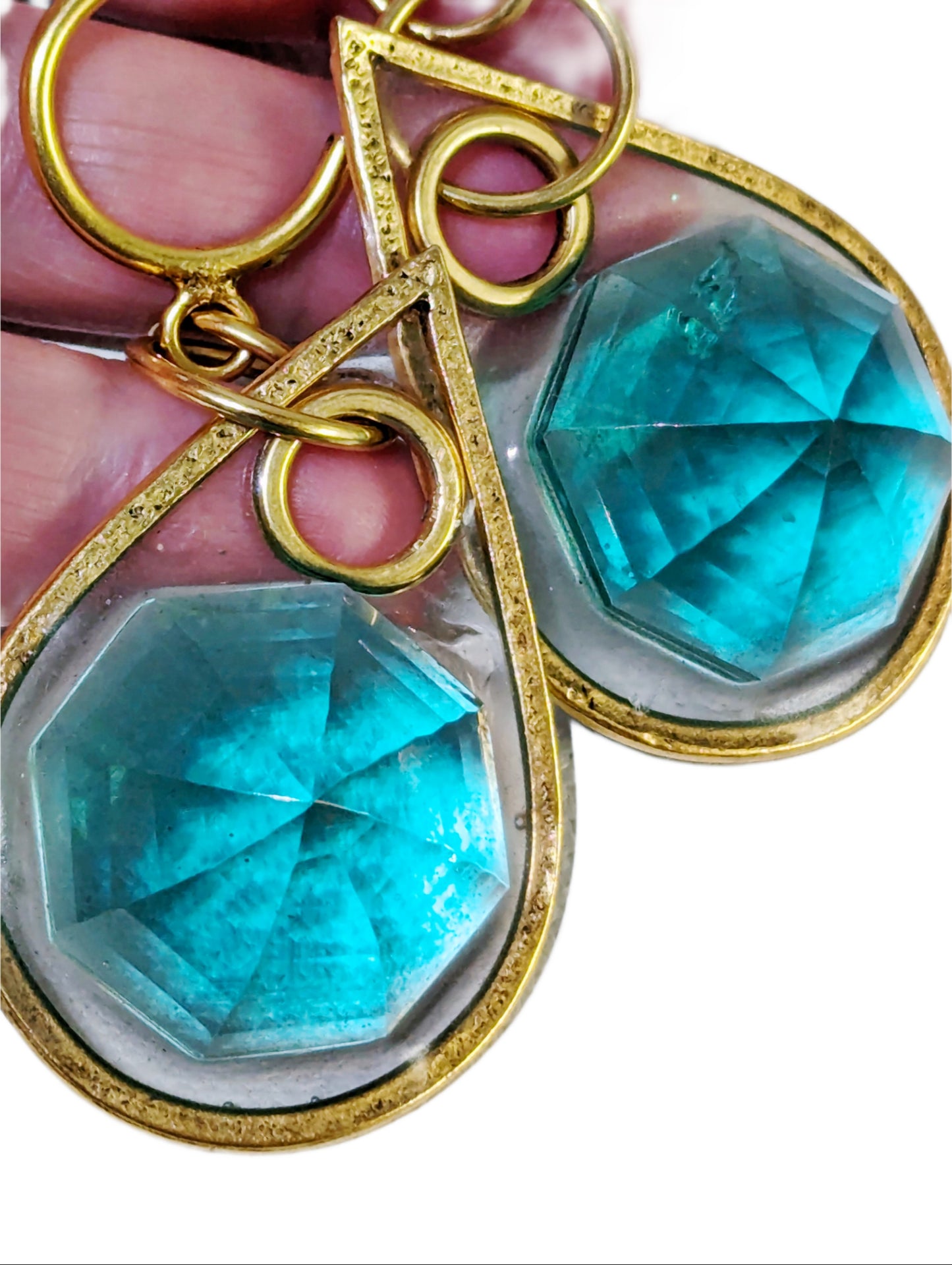 Beautiful 55 Ct 2 PC Pair Green Bluish Topaz Fancy Shape Earrings Gold Plated USA Made Sugar Gay Isber 3.5 inches Post Adult