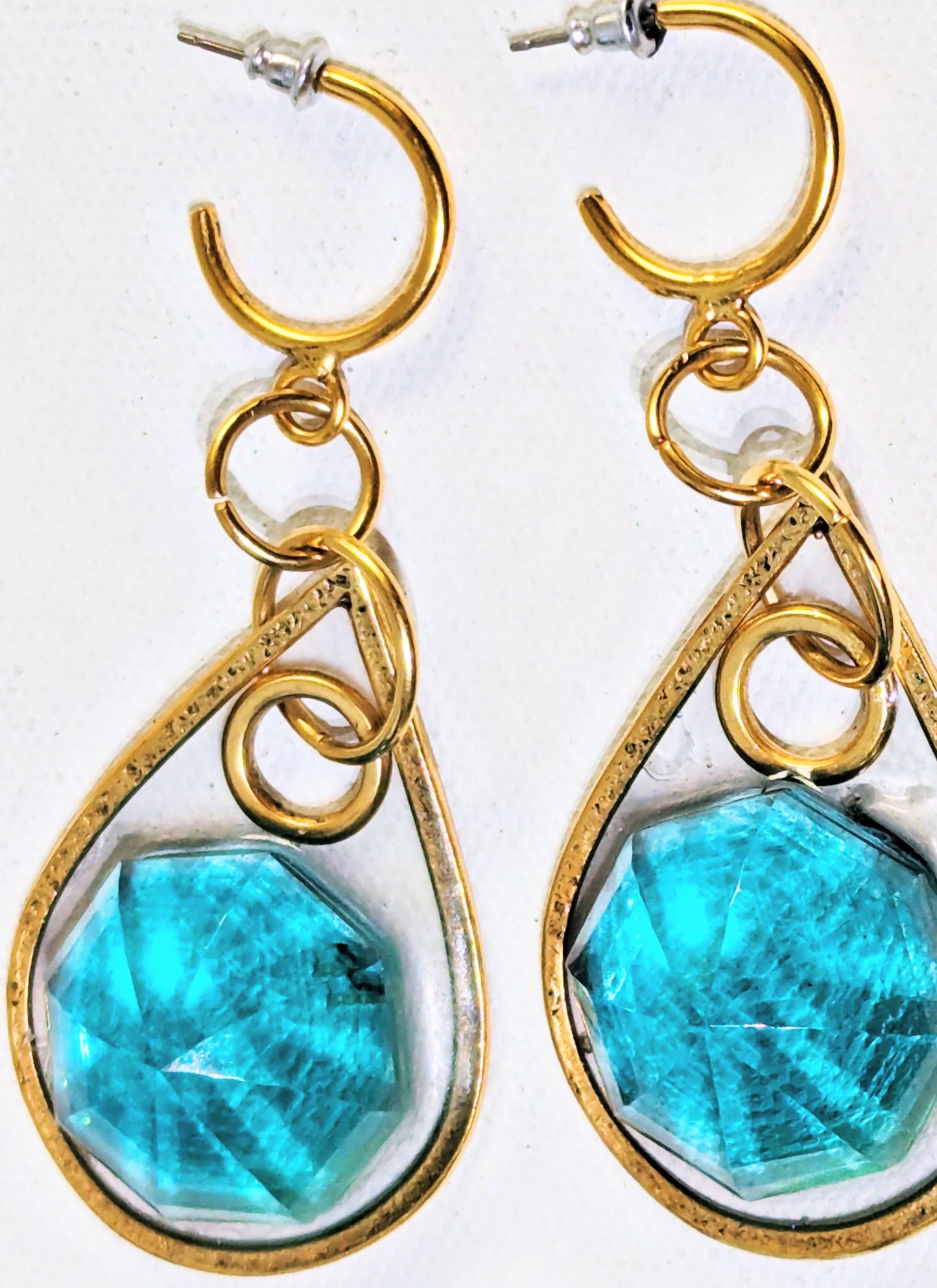 Beautiful 55 Ct 2 PC Pair Green Bluish Topaz Fancy Shape Earrings Gold Plated USA Made Sugar Gay Isber 3.5 inches Post Adult