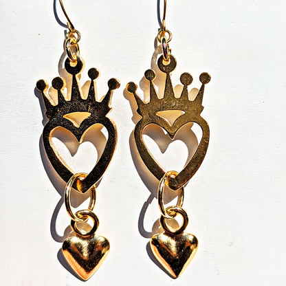 Beautiful Gold Plated Heart and Crown Designer Earrings 3.7 inch Long USA Made by Sugar Gay Isber unisex-adult