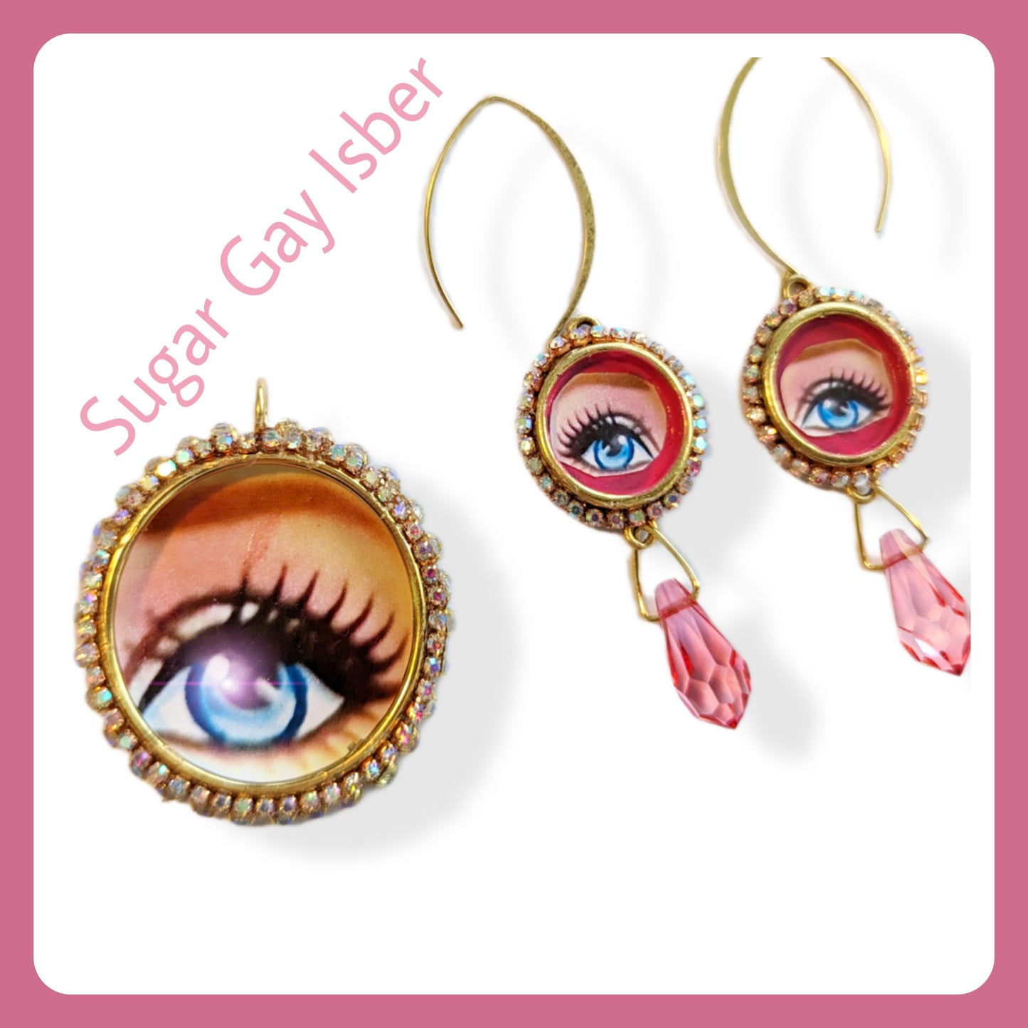 Pink Barbie Eye Pendant Gold Plated USA Made Sparkle Sugar Gay Isber almost 2 inches