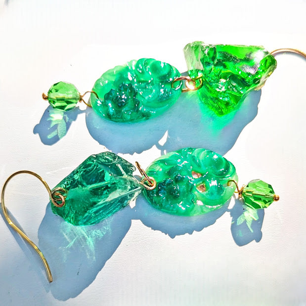 Green Handmade Vintage Beads Swarovski Drop Earrings USA made Gay Isber Free shipping 3.5 inches